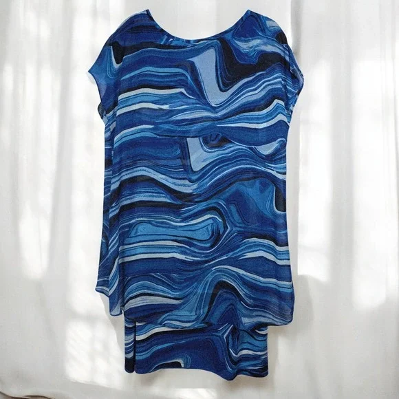 MSK Tunic Dress Women XL Blue Abstract Swirl Print Asymmetrical Sheer Overlay - Picture 2 of 7